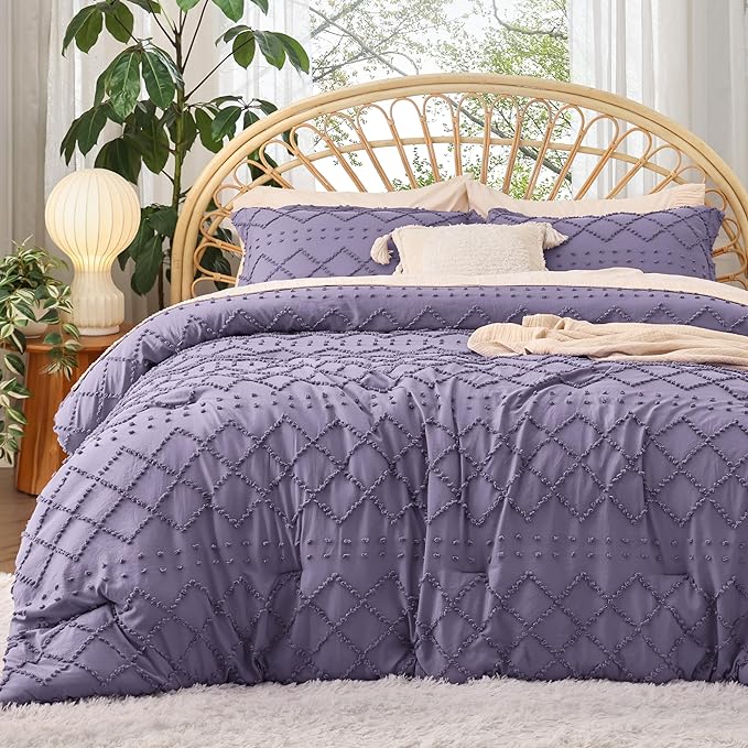 Bedsure Queen Comforter Set - Grayish Purple Comforter, Boho Tufted Shabby Chic Bedding Comforter Set, 3 Pieces Farmhouse Bed Set for All Seasons, Fluffy Soft Bedding Set with 2 Pillow Shams - LeafyLoom
