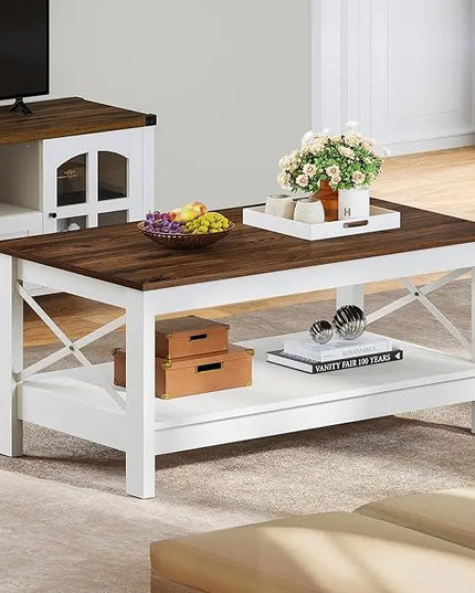 YITAHOME Coffee Table for Living Room,Modern Farmhouse Coffee Table with Storage,2-Tier Center Table for Living Room Wood Living Room Table Accent Cocktail with Sturdy Frame,Brown - LeafyLoom