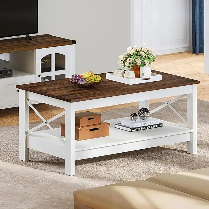 YITAHOME Coffee Table for Living Room,Modern Farmhouse Coffee Table with Storage,2-Tier Center Table for Living Room Wood Living Room Table Accent Cocktail with Sturdy Frame,Brown - LeafyLoom