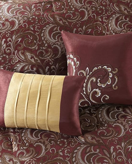 Madison Park Essentials Brystol 24 Piece Room in a Bag Faux Silk Comforter Jacquard Paisley Design Matching Curtains Down Alternative Hypoallergenic All Season Bedding-Set, King (104 in x 92 in), Red - LeafyLoom