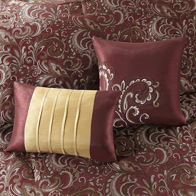 Madison Park Essentials Brystol 24 Piece Room in a Bag Faux Silk Comforter Jacquard Paisley Design Matching Curtains Down Alternative Hypoallergenic All Season Bedding-Set, King (104 in x 92 in), Red - LeafyLoom