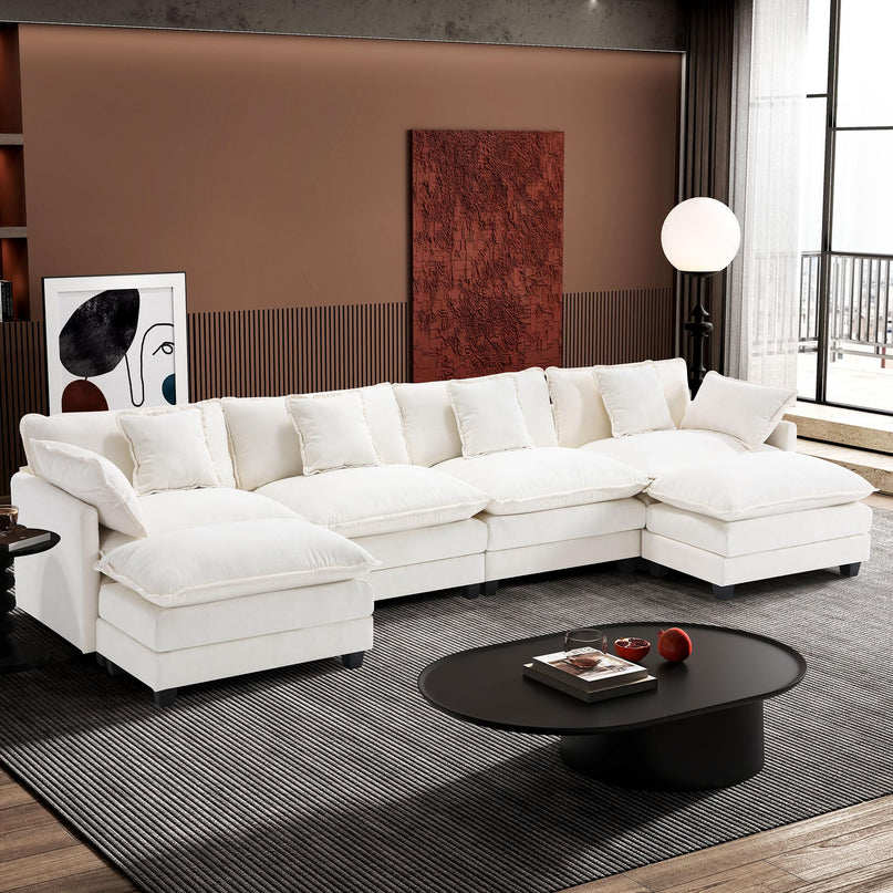 Ihanherry 111.4" L Shaped Modern Sofa Modular Sectional Cloud Couch with Ottoman, 4-Seat Chenille Deep Seat Sofa with Pillow for Living Room, Bedroom and Apartment, Beige LeafyLoom