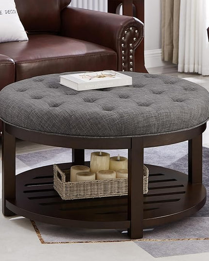 24KF Large Round Upholstered Tufted Linen Ottoman Coffee Table, Large Footrest Ottoman with Wood Shelf Storage,Dark Gray - LeafyLoom