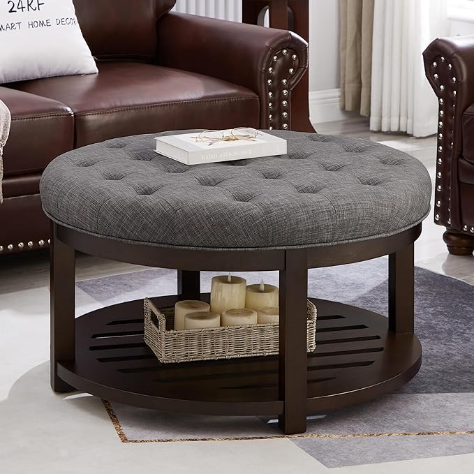 24KF Large Round Upholstered Tufted Linen Ottoman Coffee Table, Large Footrest Ottoman with Wood Shelf Storage,Dark Gray - LeafyLoom