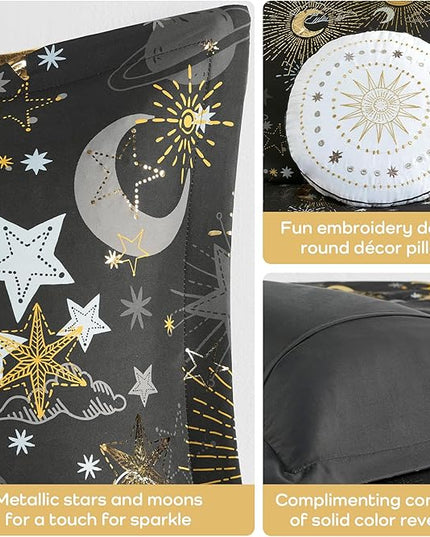 Mi Zone Kids Twin Comforter Set, Celestial Metallic Comforter Set Starry Sky, Moon & Sun Comforter, All Seasons Lightweight & Fluffy Comforter Bed Set, 1 Sham, Celia, Twin Charcoal/Gold 3 Piece - LeafyLoom
