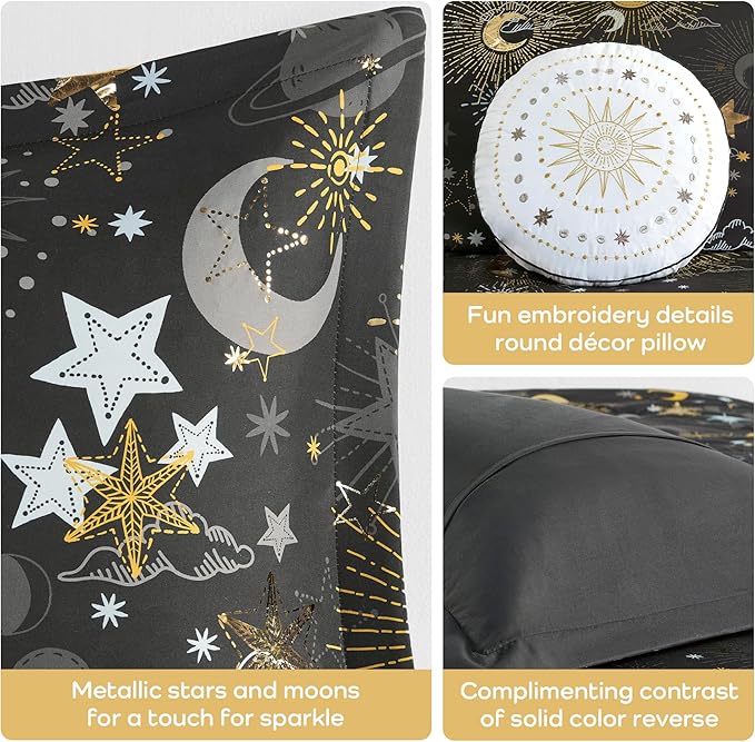 Mi Zone Kids Twin Comforter Set, Celestial Metallic Comforter Set Starry Sky, Moon & Sun Comforter, All Seasons Lightweight & Fluffy Comforter Bed Set, 1 Sham, Celia, Twin Charcoal/Gold 3 Piece - LeafyLoom