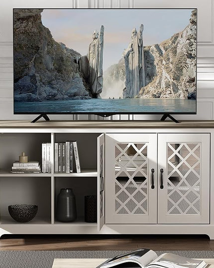Galano Millicent TV Stand for 65+ Inch TV, 29" Tall Highboy Entertainment Center with Mirror Door, Rustic Media Console w/Storage Shelves, Wood Television Stand for Living Room, Ivory Knotty Grey Oak - LeafyLoom