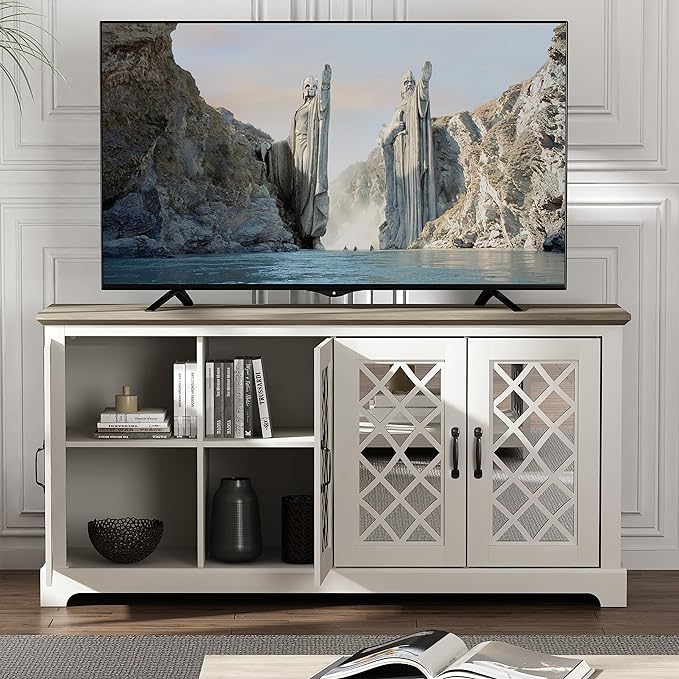 Galano Millicent TV Stand for 65+ Inch TV, 29" Tall Highboy Entertainment Center with Mirror Door, Rustic Media Console w/Storage Shelves, Wood Television Stand for Living Room, Ivory Knotty Grey Oak - LeafyLoom
