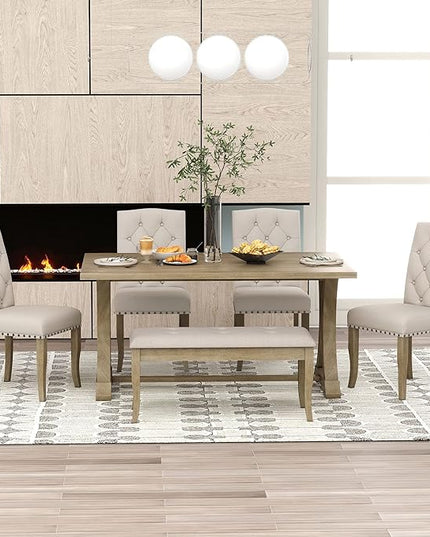 Retro Rustic Table, 6 Piece Farmhouse, Rectangular TrestleTable and Bench&4 Upholstered Chairs, Wooden Kitchen Furniture Set for Dining Room, Wood - LeafyLoom