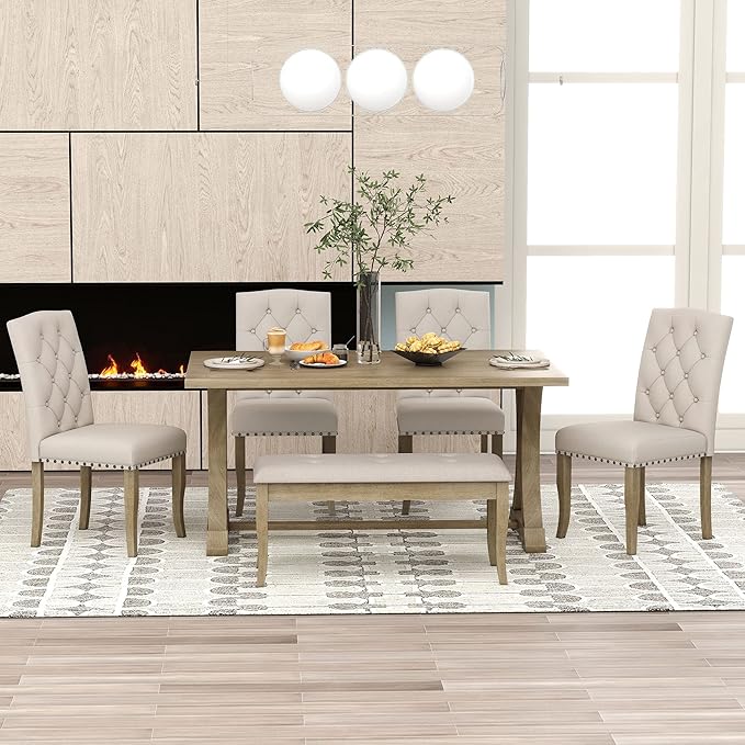 Retro Rustic Table, 6 Piece Farmhouse, Rectangular TrestleTable and Bench&4 Upholstered Chairs, Wooden Kitchen Furniture Set for Dining Room, Wood - LeafyLoom