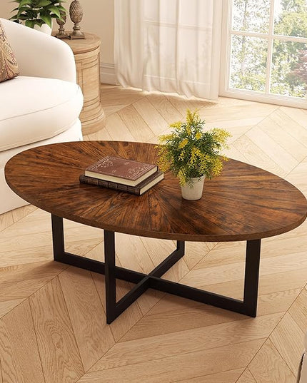 Solid Wood Oval Coffee Table with Cross Metal Legs, 47.9" Industrail Bar Cocktail Table for Living Room Kitchen Office Sofa Table Bristro Table for Cafe/Bar Rustic Brown - LeafyLoom