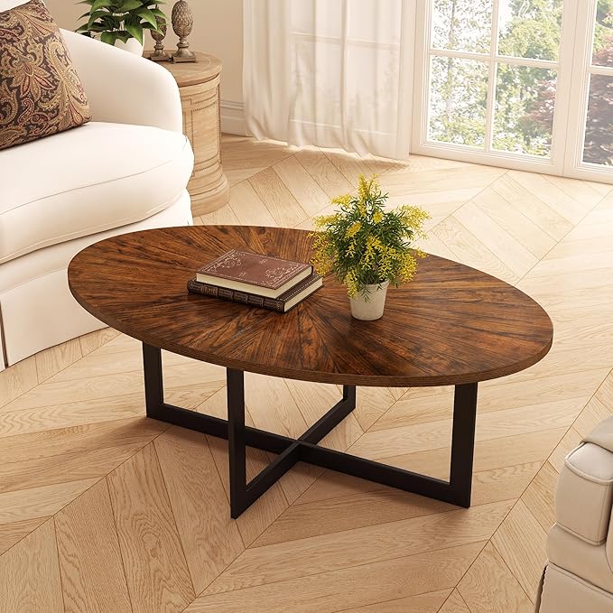Solid Wood Oval Coffee Table with Cross Metal Legs, 47.9" Industrail Bar Cocktail Table for Living Room Kitchen Office Sofa Table Bristro Table for Cafe/Bar Rustic Brown - LeafyLoom