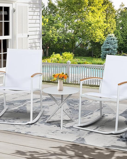 Shintenchi 3 Piece Outdoor Rocking Bistro Set, Textilene Fabric Small Patio Furniture Set, Front Porch Rocker Chairs Conversation Set with Table for Lawn, Garden, Balcony, Poolside (White) - LeafyLoom