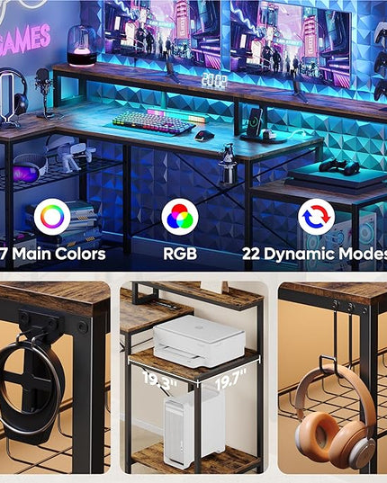 Bestier 71.5 inch Computer Desk with Power Outlets, L Shaped LED Home Office Desk with Long Monitor Stand, Large Corner Desk with Storage Shelf, Cup Holder & Headset Hooks, Modern Simple Table - LeafyLoom