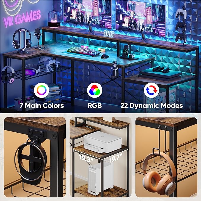 Bestier 71.5 inch Computer Desk with Power Outlets, L Shaped LED Home Office Desk with Long Monitor Stand, Large Corner Desk with Storage Shelf, Cup Holder & Headset Hooks, Modern Simple Table - LeafyLoom