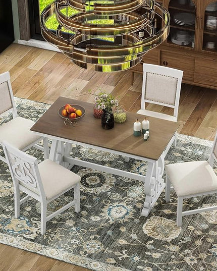 Merax Retro Design 5-Piece Dining Set for Kitchen, Small Spaces, Apartment Four Linen Upholstered Seats with Backrest, 52" Rectangular Table+4 Chairs, Brown and White - LeafyLoom