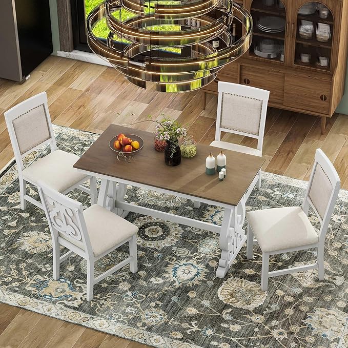 Merax Retro Design 5-Piece Dining Set for Kitchen, Small Spaces, Apartment Four Linen Upholstered Seats with Backrest, 52" Rectangular Table+4 Chairs, Brown and White - LeafyLoom