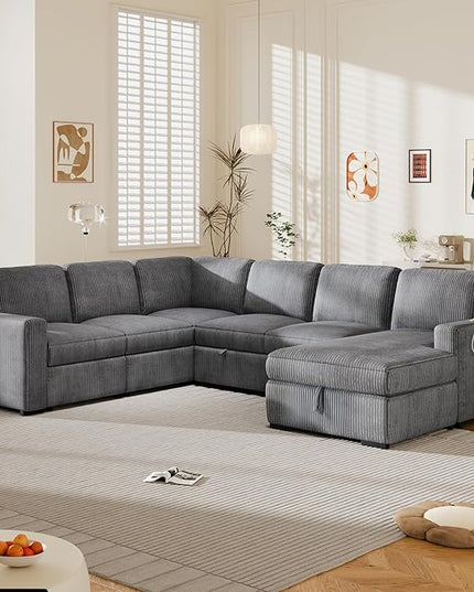 116.5" U-Shaped Corduroy Modular Sectional Storage Chaise and Pulled Out Bed, 6-Seater Oversized Corner Sofa w/USB Interfaces for Living Room, Office, Spacious Space, Gray, 116.5 Inch - LeafyLoom