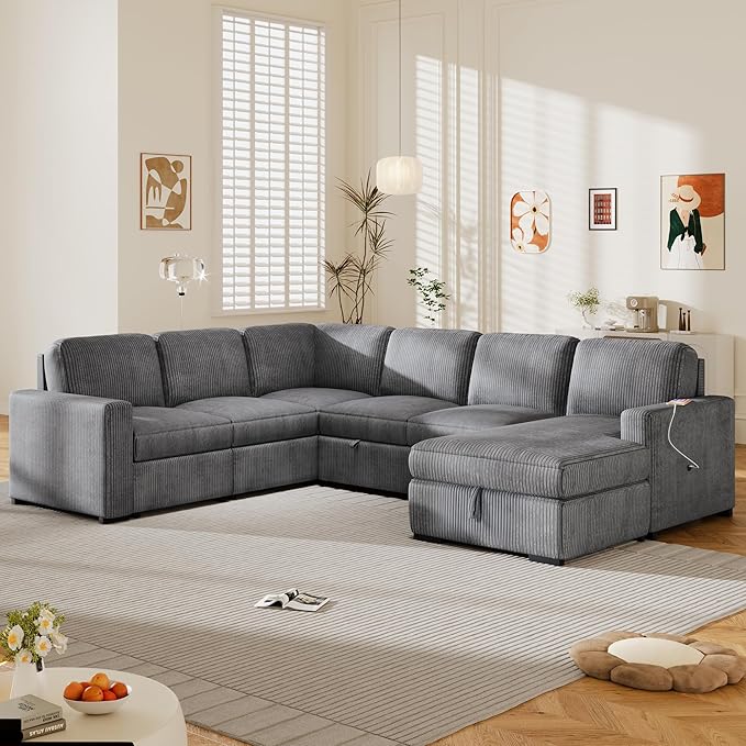 116.5" U-Shaped Corduroy Modular Sectional Storage Chaise and Pulled Out Bed, 6-Seater Oversized Corner Sofa w/USB Interfaces for Living Room, Office, Spacious Space, Gray, 116.5 Inch - LeafyLoom