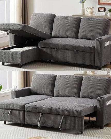 3 Seater Reversible Sleeper Sectional Sofa Bed with Storage Chaise Lounge and Cupholders, Corduroy Upholstered Convertible Sofabed Corner Couch,L Shaped Sofá for Living Room Office, Grey 78.5" - LeafyLoom