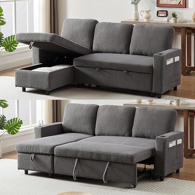 3 Seater Reversible Sleeper Sectional Sofa Bed with Storage Chaise Lounge and Cupholders, Corduroy Upholstered Convertible Sofabed Corner Couch,L Shaped Sofá for Living Room Office, Grey 78.5" - LeafyLoom