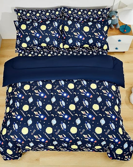 Mooreeke Bed in a Bag for Kids Girls Teens, 7 Pieces Full Size Comforter Bed Set with Shams, Sheet Set, Space Planet Blue Black Soft Microfiber Kids Comforter Bedding Set - LeafyLoom