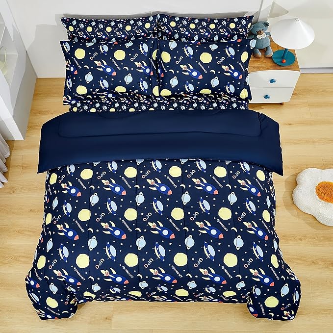 Mooreeke Bed in a Bag for Kids Girls Teens, 7 Pieces Full Size Comforter Bed Set with Shams, Sheet Set, Space Planet Blue Black Soft Microfiber Kids Comforter Bedding Set - LeafyLoom