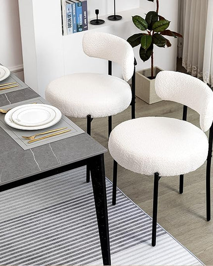 DYHOME Dining Chairs Set of 4, White Modern Upholstered Kitchen Dining Room Chairs, Boucle Dining Chairs Curved Backrest, Mid Century Kitchen Chairs with Black Metal Legs - LeafyLoom