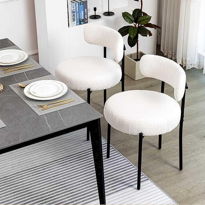 DYHOME Dining Chairs Set of 4, White Modern Upholstered Kitchen Dining Room Chairs, Boucle Dining Chairs Curved Backrest, Mid Century Kitchen Chairs with Black Metal Legs - LeafyLoom