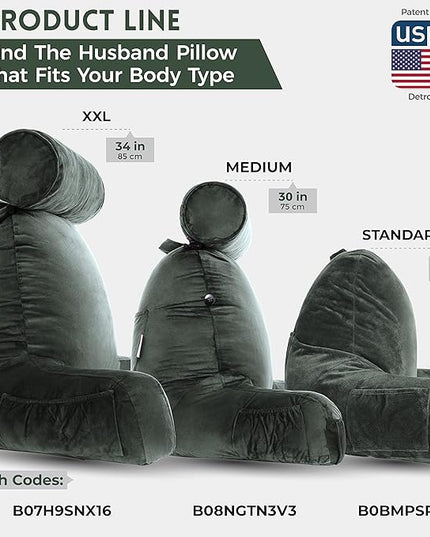Husband Pillow XXL Dark Green Backrest with Arms - Adult Reading Pillow Shredded Memory Foam, Ultra-Comfy Removable Microplush Cover & Detachable Neck Roll, Unmatched Support Bed Rest Sit Up Pillow - LeafyLoom
