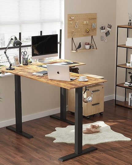 BANTI Triple Motors 63" L Shaped Standing Desk Height Adjustable, Electric Stand up Corner Desk, Sit Stand Home Office Desk Computer Workstation with Memory Preset, Rustic Brown Top - LeafyLoom