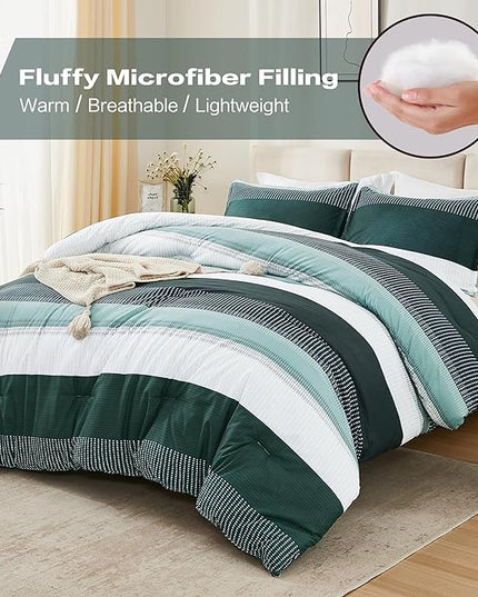 Litanika Dark Emerald Green Bed Comforter Twin/Twin XL Set, 2 Pieces Twin Extra Long Size Boys Men Forest Bedding Set, Single Colorblock Striped Bed Set - LeafyLoom