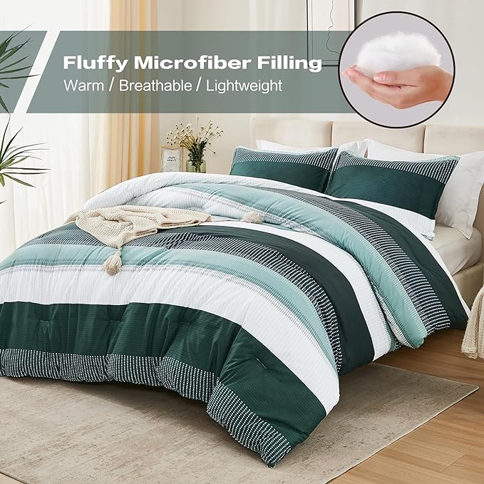 Litanika Dark Emerald Green Bed Comforter Queen Set, 3 Pieces Forest Bedding Set, Double Colorblock Stripe Vintage Bed Set (90x90Comforter, 2 Pillowcases) - LeafyLoom