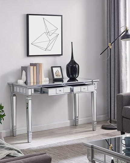 SEI Furniture Glenview Glam Mirrored Writing Desk w/ Drawers, Matte Silver - LeafyLoom