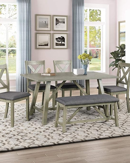 6-Piece Rustic Style Wood Dining Table Set with Bench and 4 X-Back Cushion Chairs for Kitchen Dinette Room, Gray, 1 - LeafyLoom