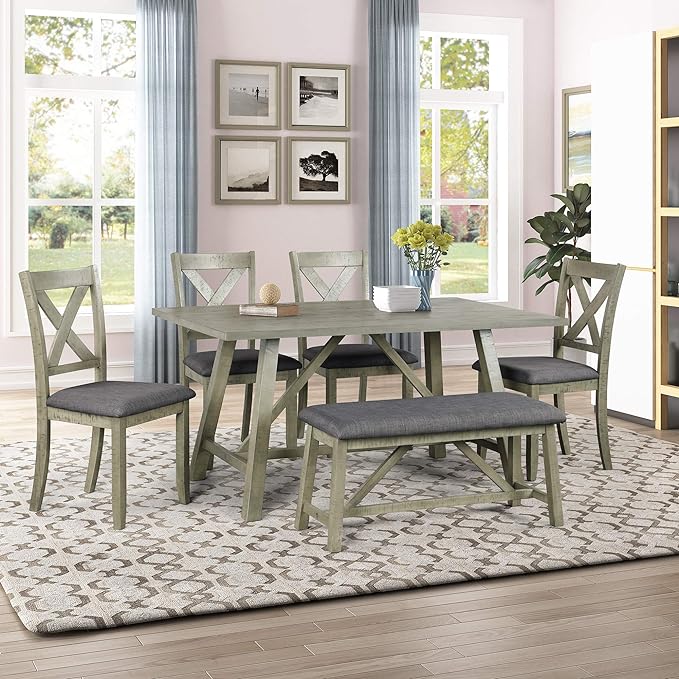 6-Piece Rustic Style Wood Dining Table Set with Bench and 4 X-Back Cushion Chairs for Kitchen Dinette Room, Gray, 1 - LeafyLoom