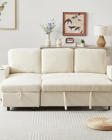 3 Seater Reversible Sleeper Sectional Sofa Bed with Storage Chaise Lounge and Cupholders, Corduroy Upholstered Convertible Sofabed Corner Couch,L Shaped Sofá for Living Room Office, Beige 78.5" - LeafyLoom