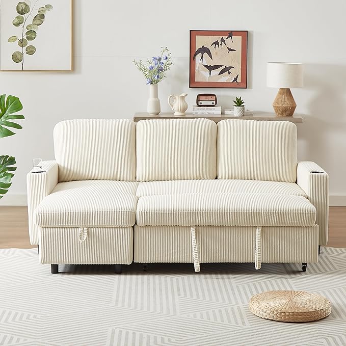3 Seater Reversible Sleeper Sectional Sofa Bed with Storage Chaise Lounge and Cupholders, Corduroy Upholstered Convertible Sofabed Corner Couch,L Shaped Sofá for Living Room Office, Beige 78.5" - LeafyLoom