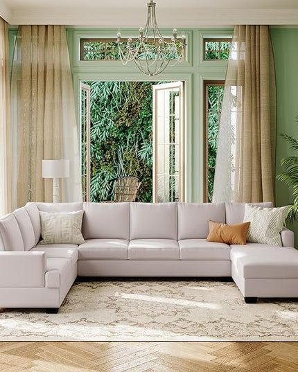 125.6" Large U-Shaped Sectional Sofa with Extra Wide Chaise Loung, Modern Oversized Modular Deep Seat Upholstered Couch for Home, Apartment, Living Room Furniture Set, Beige, 125.6 Inch - LeafyLoom