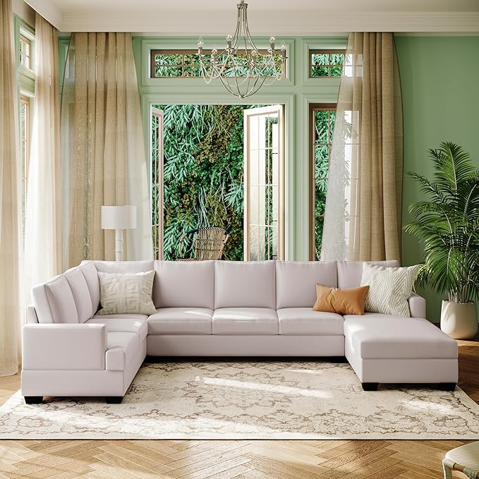 125.6" Large U-Shaped Sectional Sofa with Extra Wide Chaise Loung, Modern Oversized Modular Deep Seat Upholstered Couch for Home, Apartment, Living Room Furniture Set, Beige, 125.6 Inch - LeafyLoom