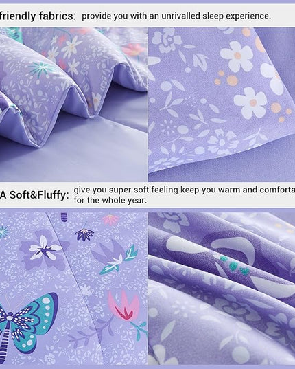Mooreeke Bed in a Bag for Kids Girls Teens, 8 Pieces Full Size Comforter Bed Set with Shams, Sheet Set and Decorative Toy Pillow, Butterfly Purple Super Soft Microfiber Kids Comforter Bedding Set - LeafyLoom