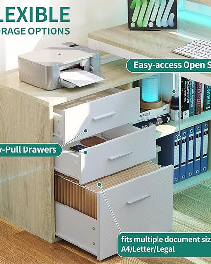 YITAHOME L Shaped Desk with Drawers, 55" Corner Computer Desk with Power Outlets, L-Shaped Desk with LED Lights & File Cabinet for Home Office, White & Oak - LeafyLoom