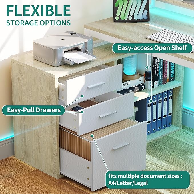 YITAHOME L Shaped Desk with Drawers, 55" Corner Computer Desk with Power Outlets, L-Shaped Desk with LED Lights & File Cabinet for Home Office, White & Oak - LeafyLoom