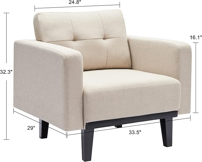 Mid-Century Accent Chair,Beige Linen Fabric Armchair for Living Room,Oversized Upholstered Single Sofa Chair for Bedroom Office Study,Comfy Accent Chairs with Wood Legs, Beige - LeafyLoom