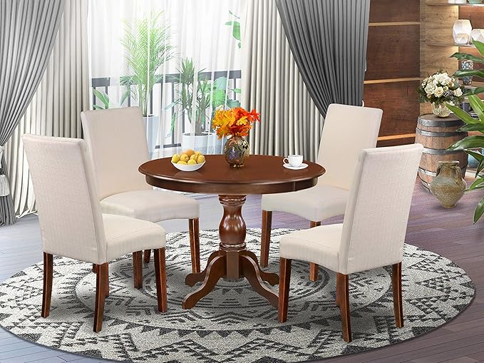 East West Furniture HBDR5-MAH-01 Hartland 5 Piece Modern Dining Set Includes a Round Wooden Table with Pedestal and 4 Cream Linen Fabric Upholstered Parson Chairs, 42x42 Inch - LeafyLoom