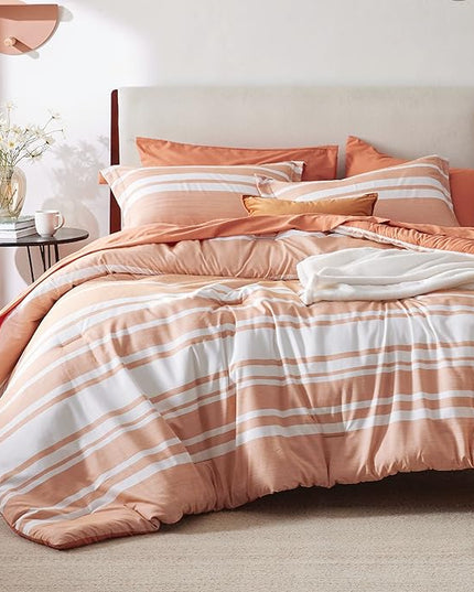 Bedsure Bed in a Bag Twin Size 5 Pieces, Burnt Orange White Striped Bedding Comforter Sets All Season Bed Set with 1 Pillow Sham, Flat Sheet, Fitted Sheet and 1 Pillowcase - LeafyLoom
