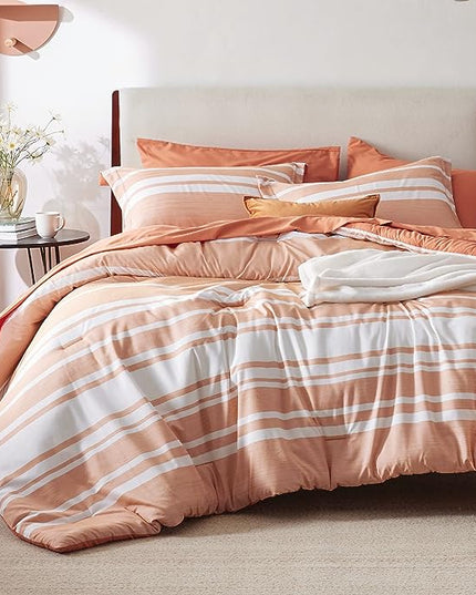 Bedsure Bed in a Bag Full Size 7 Pieces, Burnt Orange White Striped Bedding Comforter Sets All Season Bed Set, 2 Pillow Shams, Flat Sheet, Fitted Sheet and 2 Pillowcases - LeafyLoom