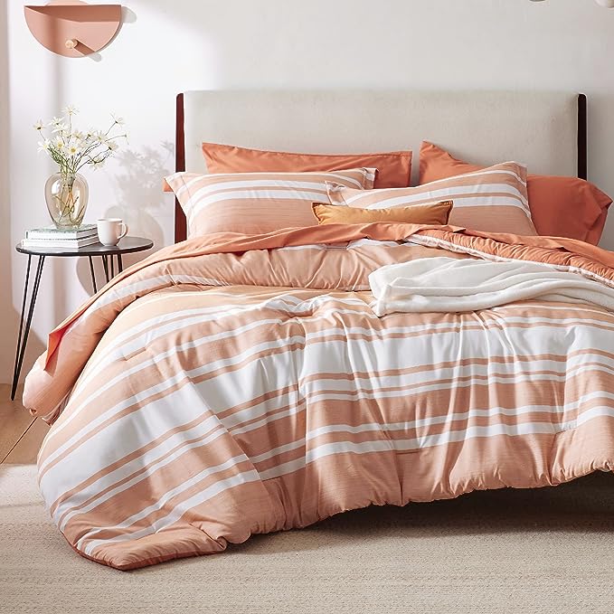 Bedsure Bed in a Bag Queen Size 7 Pieces, Burnt Orange White Striped Bedding Comforter Sets All Season Bed Set, 2 Pillow Shams, Flat Sheet, Fitted Sheet and 2 Pillowcases - LeafyLoom