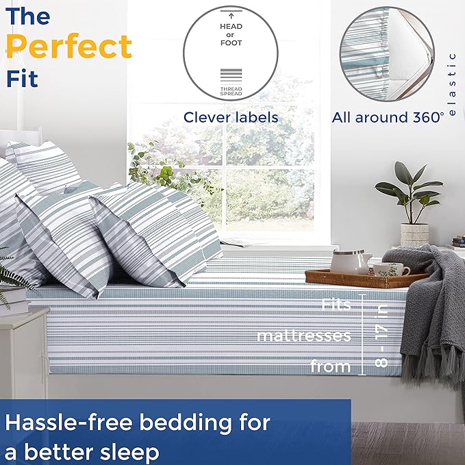 THREAD SPREAD 100% Egyptian Cotton Printed Bed Sheets - 600 Thread Count 3 PC Twin Sheet Set, Hotel Luxury Sateen Bedsheets, 16" Deep Pocket Soft Cooling Sheets for Twin Size Bed - Dotted Stripe - LeafyLoom