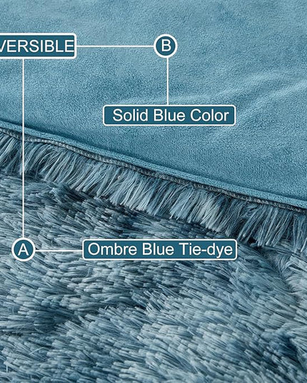 WINLIFE Shaggy Bedding Comforter Set Full Blue Faux Fur Flannel Furry Comforter Plush Comforter Sets Gradient Ombre Tie Dye Bedding for Teens Adults (3Pcs, Full, Smoke Blue) - LeafyLoom